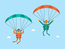Two Caucasian White Men Flying With A Parachute. Young Happy Men Paragliding On A Parachute. Professional Parachutists Performing Sky Dive Jump. Vector Cartoon Illustration. Horizontal Layout.