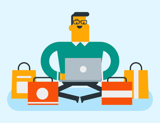 Wall Mural - Young caucasian white man sitting on the floor among shopping bags with a laptop computer. Man doing online shopping. Guy buying on internet. Vector cartoon illustration. Horizontal layout.