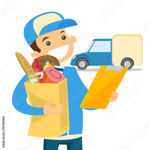 Young Caucasian White Delivery Courier Delivering Online Grocery Shopping Order To The Home Of Customer Man Receiving Food From Delivery Courier Vector Cartoon Illustration Square Layout Buy This Stock Vector And