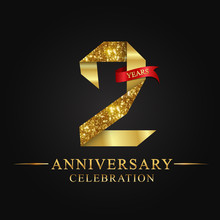 Anniversary, Aniversary, 2 Years Anniversary Celebration Logotype. Logo,ribbon Golden Number On Black Background.Numbers Ribbon Gold.