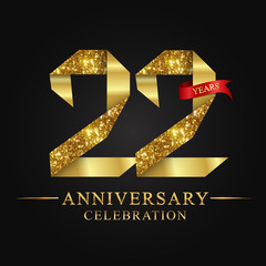 anniversary, aniversary, 22 years anniversary celebration logotype. Logo,ribbon golden number on black background.Numbers ribbon gold.