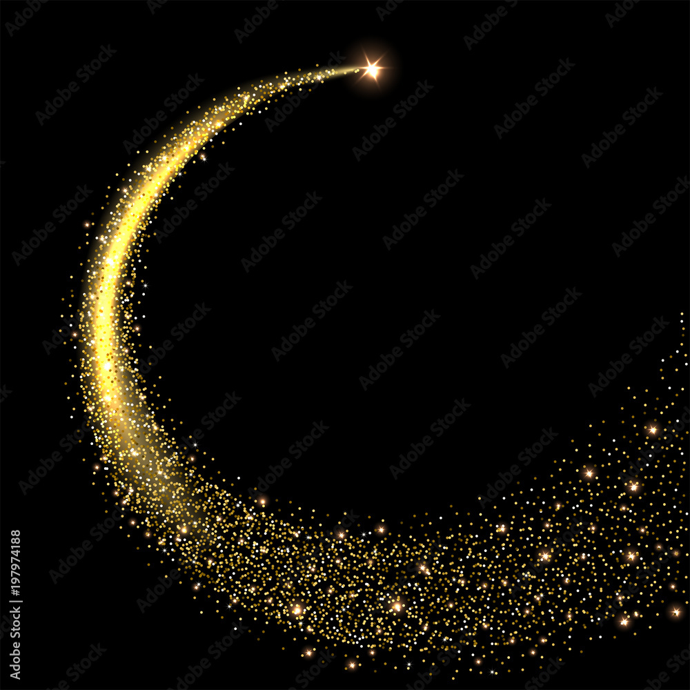 Golden sparkling star with stardust trail. Vector illustration. - obrazy, fototapety, plakaty 