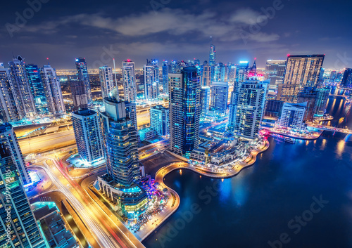 Scenic aerial view of Dubai Marina by night. United Arab Emirates ...