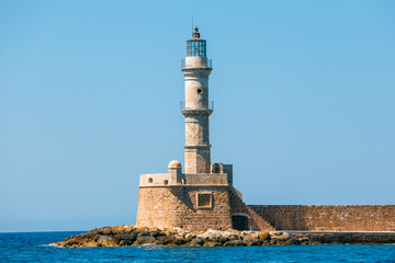 Wall Mural - view of the entrance to Chania harbor with lighthouse, Crete, Greece