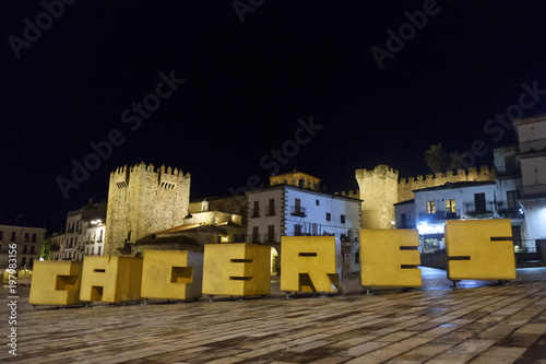 Fotografía letters representing the word caceres on the main square in the city