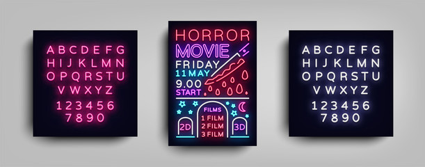 Horror movie postcard typography design neon template. Brochure style neon, neon sign, poster, banner light, night bright advertising on movies, cinema. Vector Illustrations. Editing text neon sign