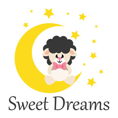 Wall Mural - cartoon cute sheep black with tie sitting on the moon with text