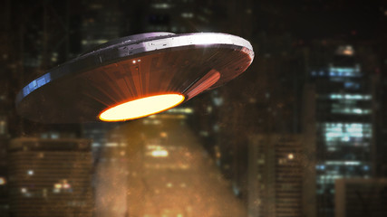 Wall Mural - ufo, science fiction scene, alien spaceship from outer space hovering in front of city skyline, extr