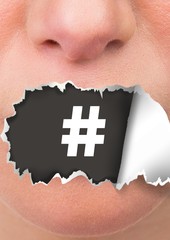 Poster - Hashtag icon and Face with torn paper on mouth