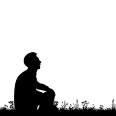 Wall Mural - vector, isolated silhouette man sitting on the grass on a white background