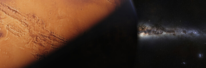 Wall Mural - red planet mars in natural colors with the beautiful milky way galaxy