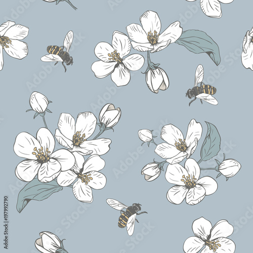 Cotton fabric Blooming tree. Seamless pattern with flowers. Spring floral texture. Hand drawn botanical vector illustration