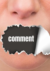 Poster - Face with torn paper on mouth and comment text