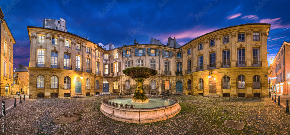 Aix-en-Provence, France. HDR panorama of Place D'Albertas square with old fountain at dusk - obrazy, fototapety, plakaty 