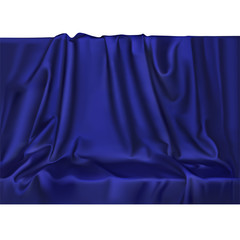 Vector luxury realistic blue silk satin drape textile background. Elegant fabric shiny smooth material with waves.