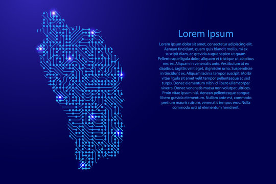 Map Dominica from printed board, chip and radio component with blue star space on the contour for banner, poster, greeting card, of vector illustration.