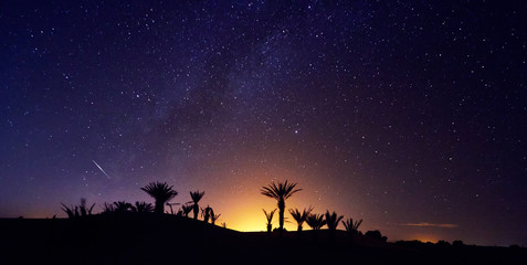 morocco sahara desert starry night sky over the oasis. travelling to morocco. glow over the palm tre
