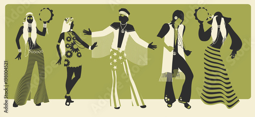Group of five wearing hippie clothes of the 60s and 70s dancing Poster Mural XXL