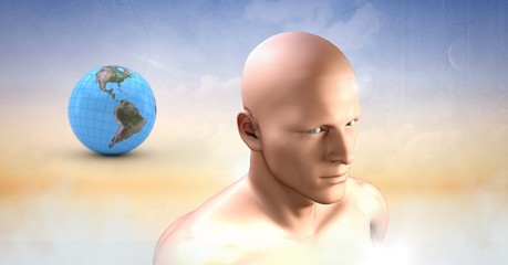Poster - mans head and planet earth world sphere in clouds