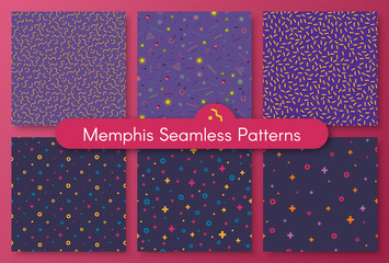 Set of neo hipster style memphis seamless pattern. Trendy texture with funky shapes on violet background. Vector illustration in memphis pop art style for modern invitation or fabric seamless print