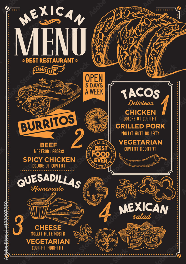 Mexican restaurant menu. Vector food flyer for bar and cafe. Design ...