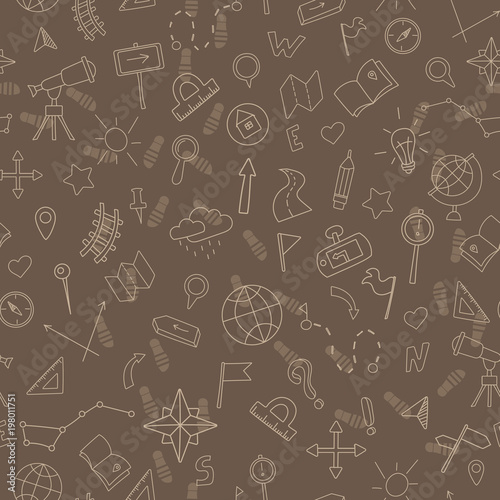 Fotografia Seamless pattern with hand drawn signs on the theme of geography and travel, bei