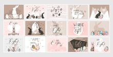 Hand Drawn Vector Abstract Graphic Scandinavian Collage Happy Easter Cute Illustrations Greeting Cards Template Collection Set And Happy Easter Handwritten Calligraphy Isolated On White Background
