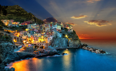 Sunset over Manarola town, Itlay.