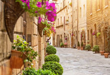 Colorful Old Street In Pienza, Tuscany, Italy
