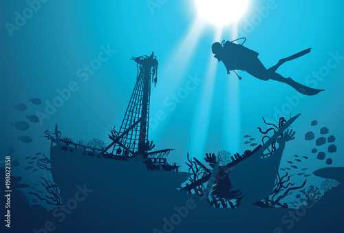 Fotomural Silhouette scuba diver and shipwreck on the background