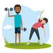athletic people practicing exercise characters vector illustration design