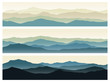 Set of mountains seamless backgrounds. Green nature landscapes in the summer evening. Vector horizontal banners.