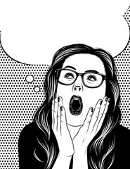 Wall Mural - Vector Black and white poster of woman's face in shock emotions. Beautiful girl open her mouth and keep hands above face. Stressful girl's face over dot background with speech bubble