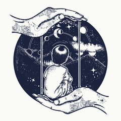 Wall Mural - Boy on a swing in mountains, dreamer tattoo art. Lunar phases and Universe. Dreaming genius t-shirt design. Boy looks at stars. Symbol of poetry, psychology, philosophy, astronomy, science