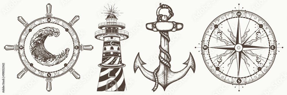 Sea collection vintage elements vector. Symbols of  adventure voyage, tourism, outdoor. Hand drawn retro set. Anchor, steering wheel, compass, lighthouse, wave - obrazy, fototapety, plakaty 