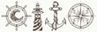 Sea collection vintage elements vector. Symbols of  adventure voyage, tourism, outdoor. Hand drawn retro set. Anchor, steering wheel, compass, lighthouse, wave