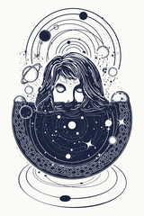 Wall Mural - Girl and space, goodnes woman and galaxy t-shirt design. Woman in space tattoo art. Surreal girl sinks in universe. Symbol of magic, esoterics, astrology