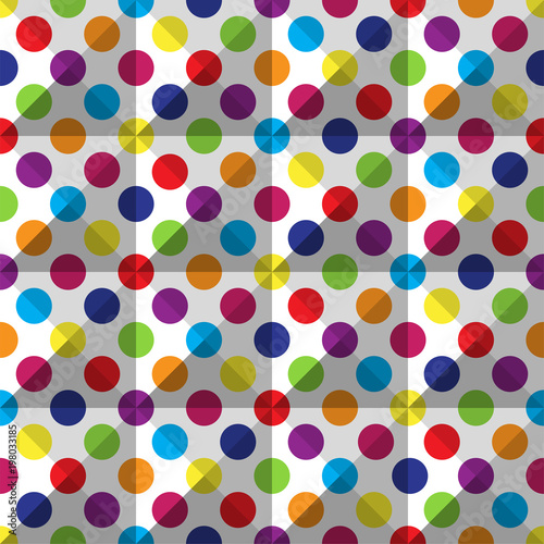 Seamless colorful polka dot pattern on white. Vector illustration.