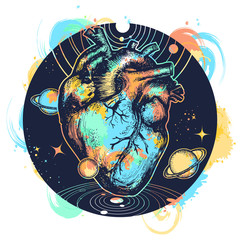 Wall Mural - Surreal heart t-shirt design. Anatomic heart among galaxies and planets. Heart in space tattoo. Symbol of love, philosophy, psychology, imagination, dream