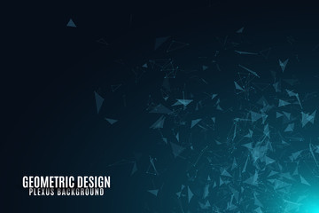 Poster - flying geometric particles on a dark background. glowing connected triangles. plexus. scientific bac