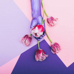 Wall Mural - pearly purple hand and tulip. ultra violet. pastel minimal. beautiful concept