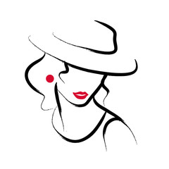 Wall Mural - vector artistic hand drawn stylish young lady portrait isolated on white background. fashion girl mo