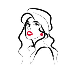Wall Mural - vector artistic hand drawn stylish young lady portrait isolated on white background. fashion girl mo
