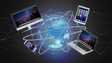 Poster - computer and devices displayed on a futuristic interface with international network - 3d render