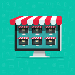 Wall Mural - Marketplace online store vector illustration, flat cartoon internet multivendor shop on computer with multi vendor stores, lots of on-line shops on screen, ecommerce technology