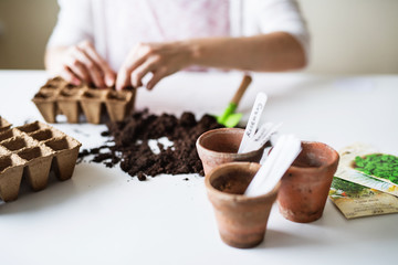 Young woman planting seeds at home.