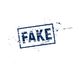 Poster - Fake square label, grange style stamp, vector illustration on white background. Fake news blue scrapes symbol.