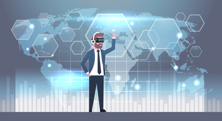 Poster - Business Man Wearing 3d Glasses Using Futuristic User Interface With World Map Background Virtual Reality Technology Concept Flat Vector Illustration