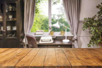 Wall Mural - empty wooden table with copy space for products against the background of a desk in room interior wi