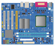 Computer motherboard on white background. PC chip electronic circuit board with processor vector illustration